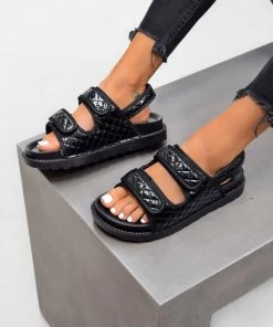 LIV KARLA Chunky Quilted Velcro Sandals - Black