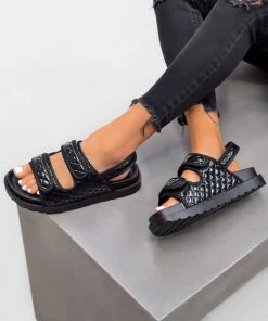 LIV KARLA Chunky Quilted Velcro Sandals - Black