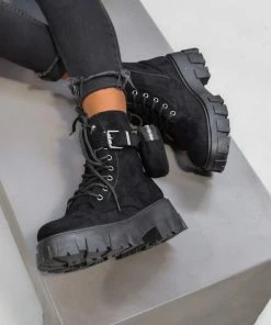 DMF SHOES KARMA Chunky Platform Pocket Detail Ankle Boots - Black Suede