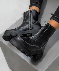 NDS KAYA Zip Front Ankle Boots - Black PU