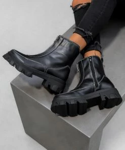 NDS KAYA Zip Front Ankle Boots - Black PU