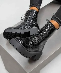 CIT SHOES KICK OFF Chunky Lace Up Platform Ankle Boots - Black Croc Patent