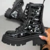 CIT SHOES KICK OFF Chunky Lace Up Platform Ankle Boots - Black Croc Patent
