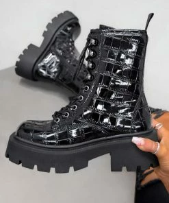 CIT SHOES KICK OFF Chunky Lace Up Platform Ankle Boots - Black Croc Patent