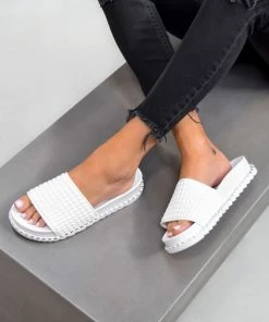 LIV SHOES KIKI Flat Studded Sliders - White