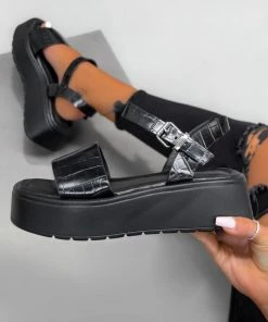 ELG KRYSTAL Chunky Sandals - Black Croc SHOES