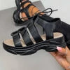 ELG SHOES LAIA Chunky Tie Up Gladiator Sandals - Black PU