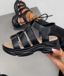 ELG SHOES LAIA Chunky Tie Up Gladiator Sandals - Black PU