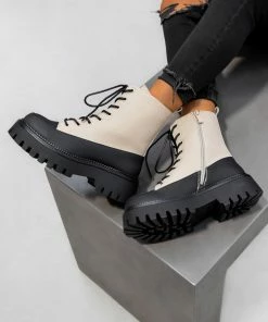 DMF LEVEL UP Chunky Lace Up Ankle Boots - Beige