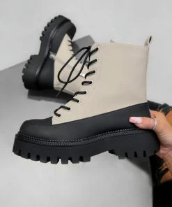 DMF LEVEL UP Chunky Lace Up Ankle Boots - Beige