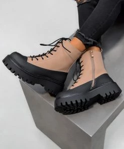 DMF SHOES LEVEL UP Chunky Lace Up Ankle Boots - Camel