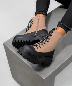 DMF SHOES LEVEL UP Chunky Lace Up Ankle Boots - Camel