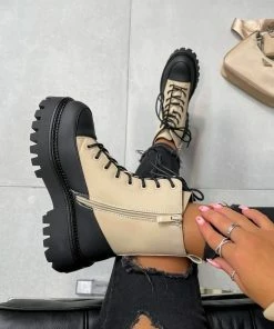 DMF LEVEL UP Chunky Lace Up Ankle Boots - Beige