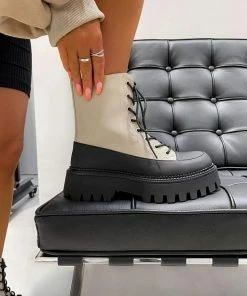 DMF LEVEL UP Chunky Lace Up Ankle Boots - Beige