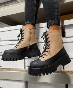 DMF SHOES LEVEL UP Chunky Lace Up Ankle Boots - Camel