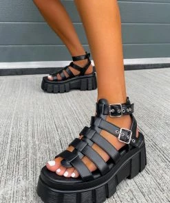 NDS SHOES LOCKDOWN Super Chunky Caged Platform Sandals - Black PU
