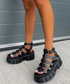 NDS SHOES LOCKDOWN Super Chunky Caged Platform Sandals - Black PU
