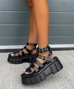 NDS SHOES LOCKDOWN Super Chunky Caged Platform Sandals - Black PU