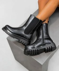 CIT LOLA Platform Mid Chelsea Boots - Black Croc SHOES