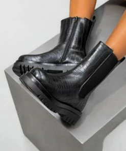 CIT LOLA Platform Mid Chelsea Boots - Black Croc SHOES