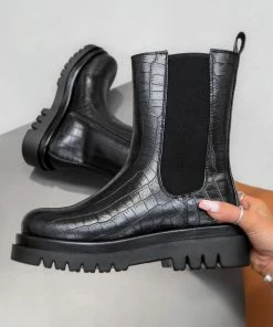 CIT LOLA Platform Mid Chelsea Boots - Black Croc SHOES