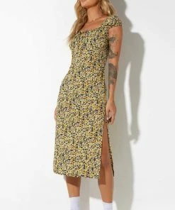 Motel Rocks Lona Midi Dress - Spring Ditsy Yellow CLOTHING