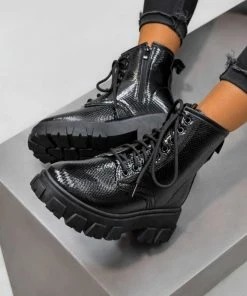 DMF LOSE IT Chunky Lace Up Ankle Boots - Black Snake