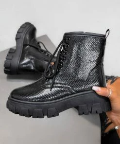 DMF LOSE IT Chunky Lace Up Ankle Boots - Black Snake