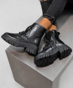 DMF LOSE IT Chunky Lace Up Ankle Boots - Black Snake