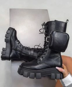 CIT LOSE YOURSELF Lace Up Pocket Chunky Mid Boots - Black PU SHOES