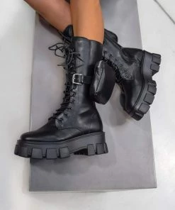 CIT LOSE YOURSELF Lace Up Pocket Chunky Mid Boots - Black PU SHOES