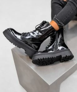 LIV FIERCE Lace Up Chunky Biker Ankle Boots - Black Patent SHOES