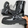 LIV FIERCE Lace Up Chunky Biker Ankle Boots - Black Patent SHOES
