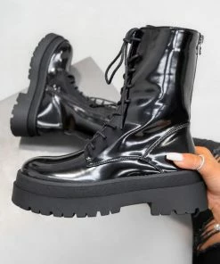 LIV FIERCE Lace Up Chunky Biker Ankle Boots - Black Patent SHOES
