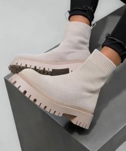 DMF MADDIE Chunky Sock Fit Ankle Boots - Beige SHOES