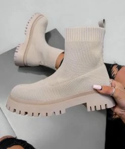 DMF MADDIE Chunky Sock Fit Ankle Boots - Beige SHOES