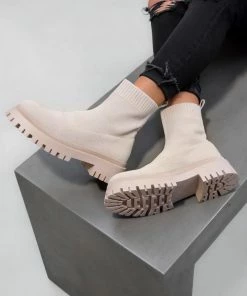 DMF MADDIE Chunky Sock Fit Ankle Boots - Beige SHOES