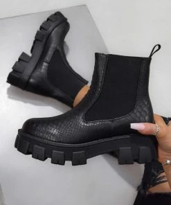 DMF MADDOX Chunky Chelsea Ankle Boots - Black Croc SHOES