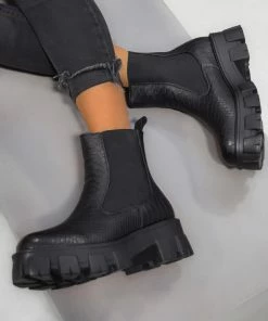 DMF MADDOX Chunky Chelsea Ankle Boots - Black Croc SHOES