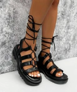DMF SHOES MADE IT Chunky Lace Up Sandals - Black PU
