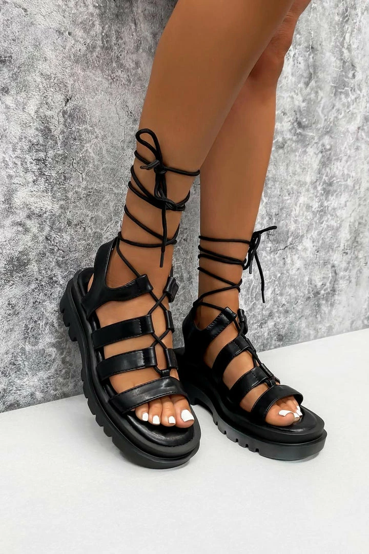 DMF SHOES MADE IT Chunky Lace Up Sandals - Black PU 4 DMF SHOES MADE IT Chunky Lace Up Sandals - Black PU