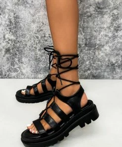 DMF SHOES MADE IT Chunky Lace Up Sandals - Black PU 9 DMF SHOES MADE IT Chunky Lace Up Sandals - Black PU