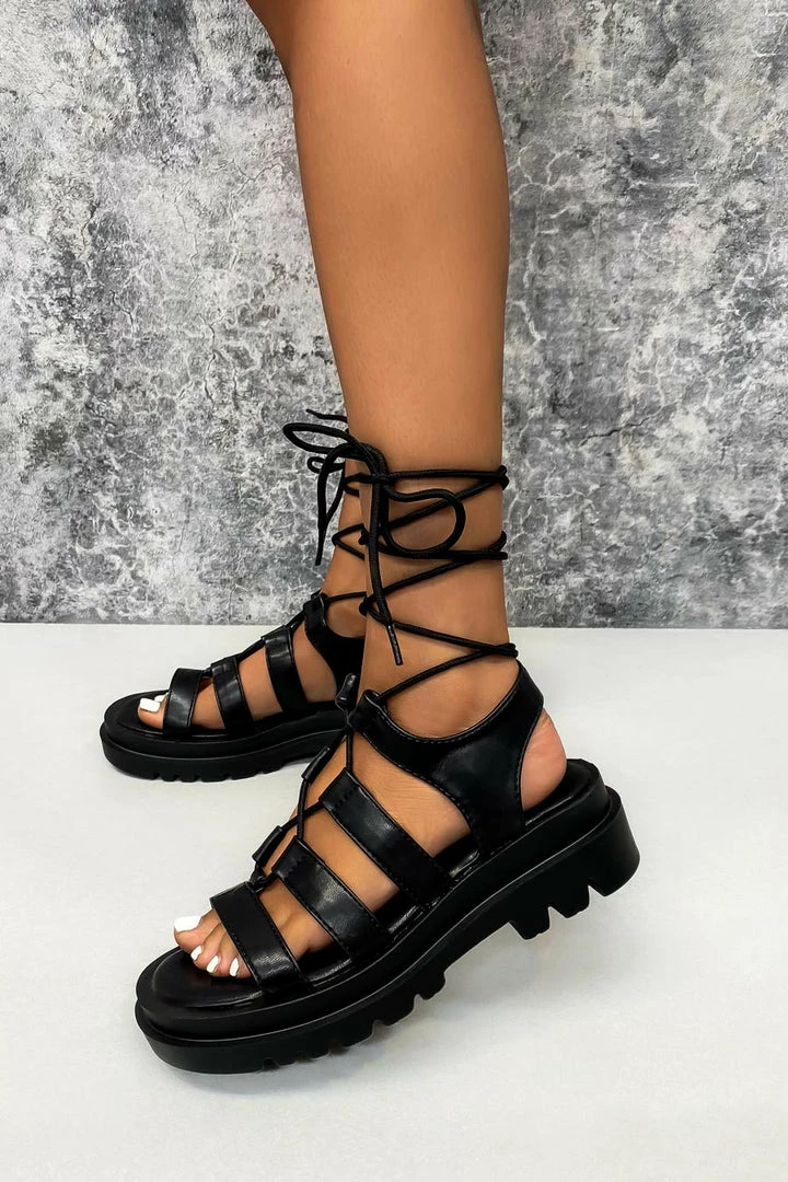 DMF SHOES MADE IT Chunky Lace Up Sandals - Black PU 6 DMF SHOES MADE IT Chunky Lace Up Sandals - Black PU