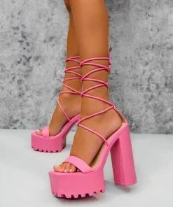 NDS SHOES MARCELLE Chunky Platform Lace Up Heels - Pink