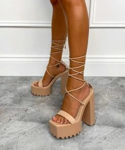 NDS SHOES MARCELLE Chunky Platform Lace Up Heels - Beige