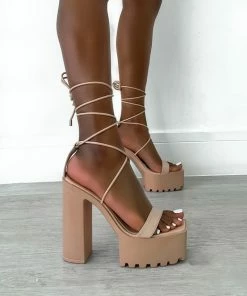 NDS SHOES MARCELLE Chunky Platform Lace Up Heels - Beige