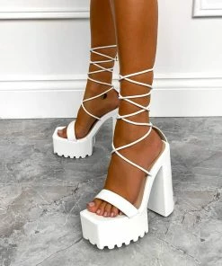 NDS MARCELLE Chunky Platform Lace Up Heels - White