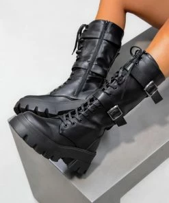 LIV SHOES MAYHEM Chunky Lace Up Midi Boots - Black PU