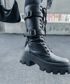 LIV SHOES MAYHEM Chunky Lace Up Midi Boots - Black PU