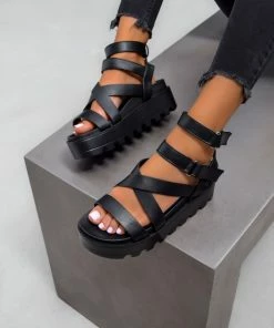 ELG MEAN IT Chunky Platform Velcro Strap Gladiator Sandals - Black